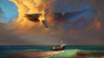 魚の水族館 Painting - 雲 船 クジラ 空のカモメ